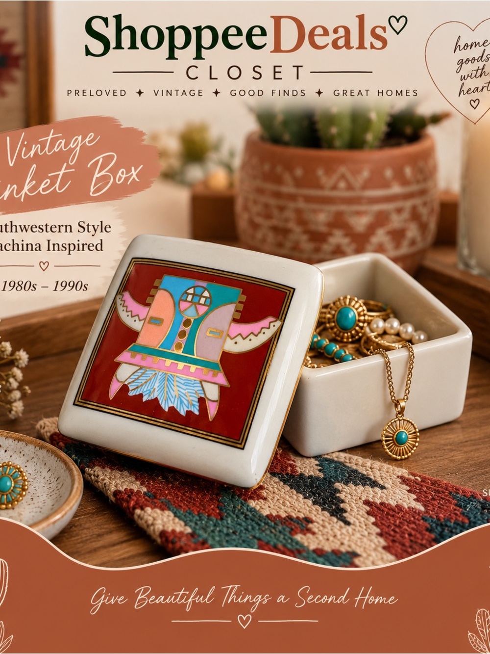 Vintage Southwestern Style Porcelain Trinket Box Kachina Inspired 1980s 90s